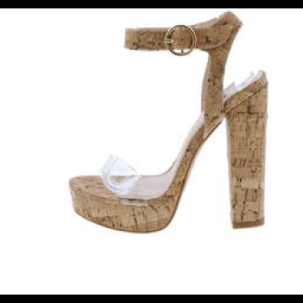 Single lucite strap cork platform heels